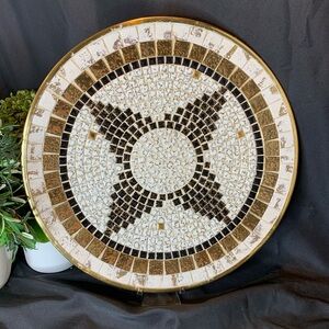 MCM / Vintage 16” black, white & gold mosaic tile wall hanging / platter / plate